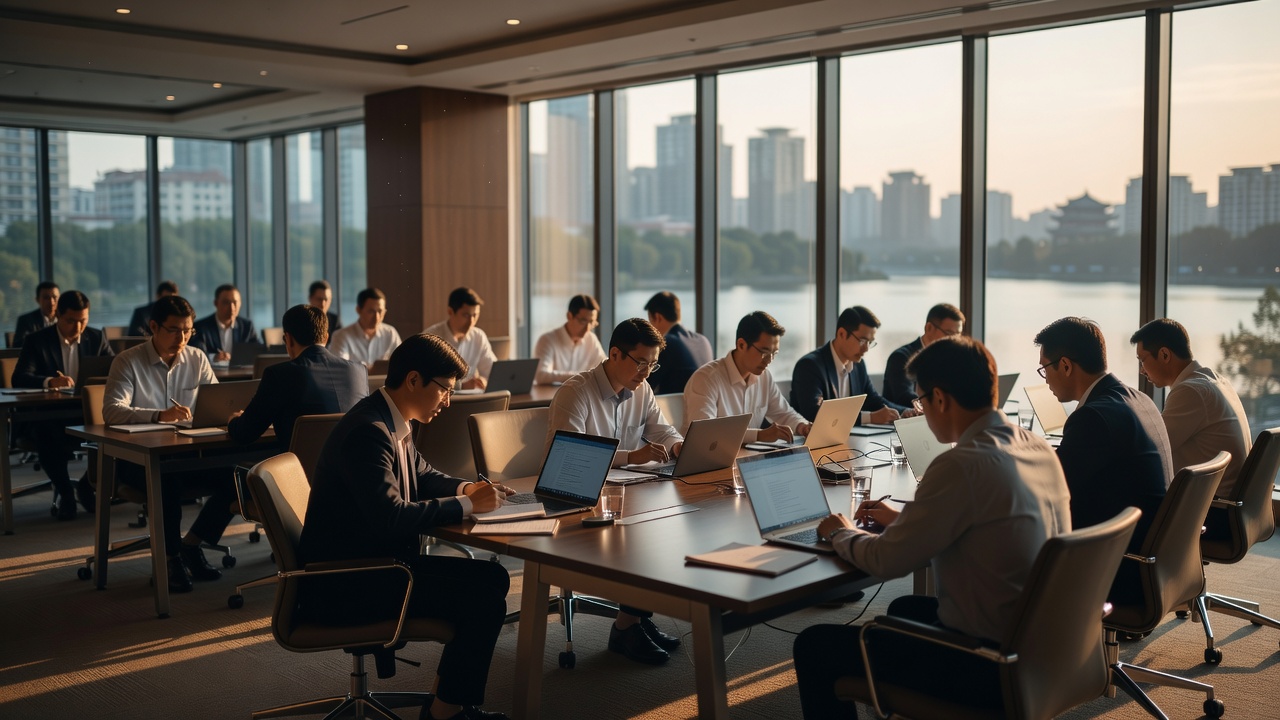 苏州本地行业聚会现场，参会者在会议室中记录与交流，窗外可见城市天际线